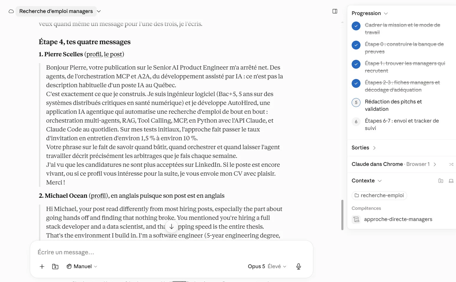 Visuel : un message généré, avec le résumé du manager et de son annonce